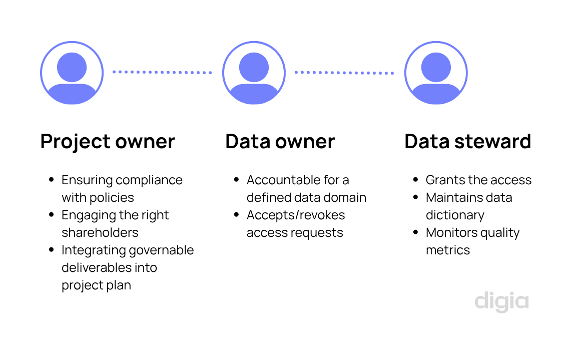 Three named roles for accountability: project owner, data owner, and data steward, with their respective assigned duties.