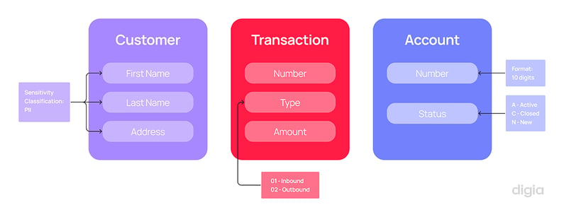Schematic image showing what kind of metadata can be attached to customers, transactions and accounts, for example Sensitivity classification, Inbound or Outbound transactions, Account statuses.